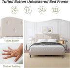 King Size Linen Bed Frame, Upholstered Platform Bed Frame with Adjustable Headboard, Wooden Slats Support, Easy Assembly, No Box Spring Needed, Beige