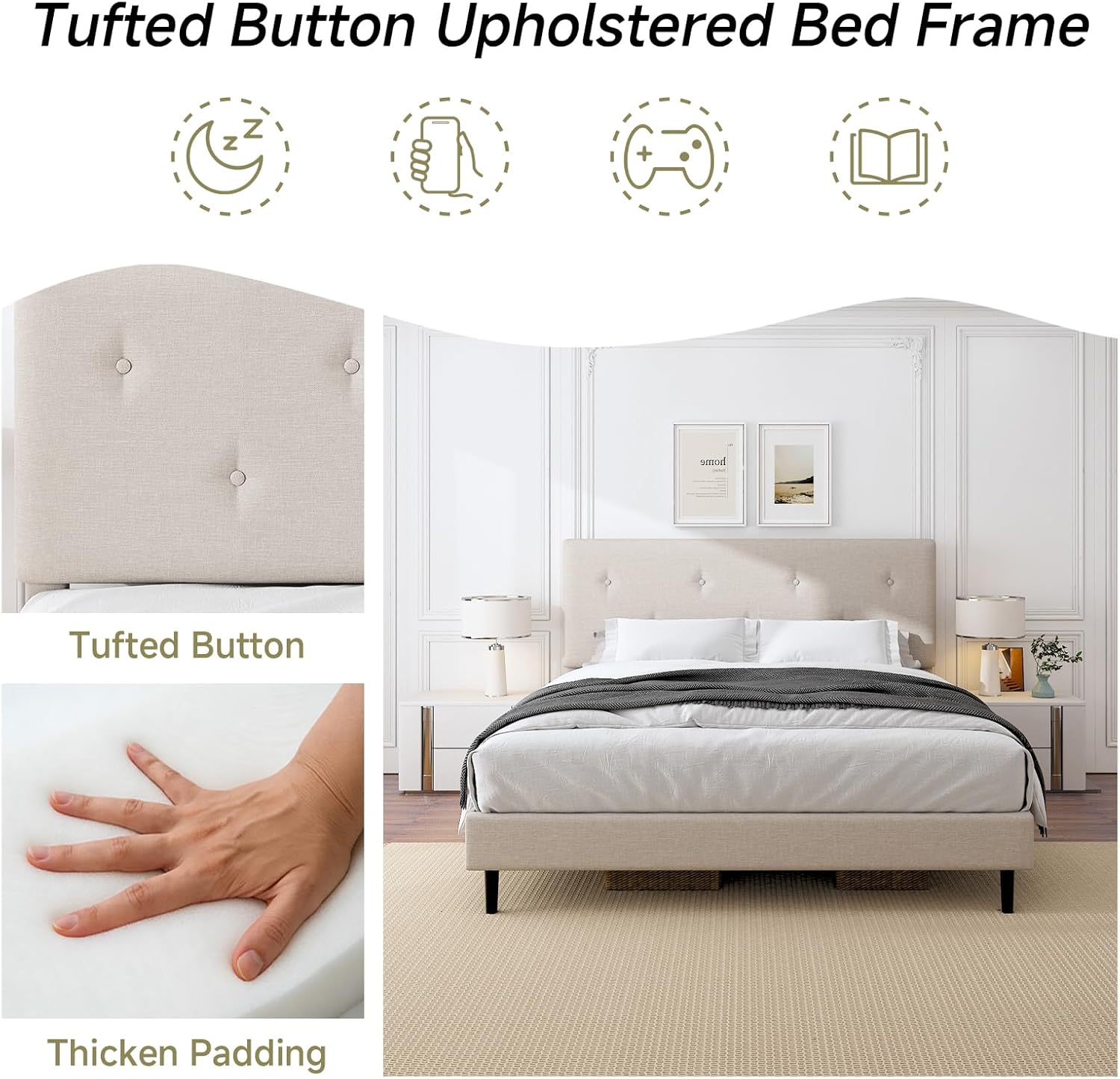 King Size Linen Bed Frame, Upholstered Platform Bed Frame with Adjustable Headboard, Wooden Slats Support, Easy Assembly, No Box Spring Needed, Beige