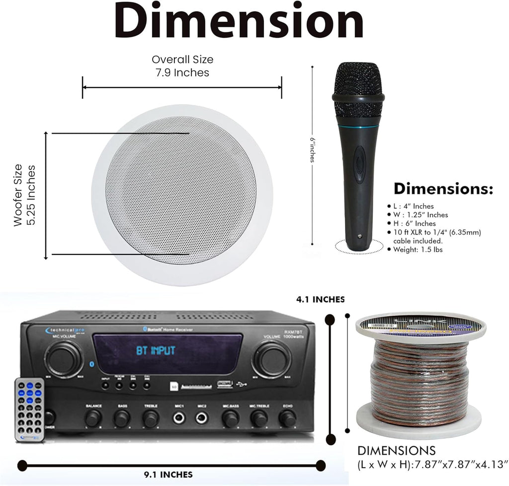 Home Theater System Kit 1000 Watts Bluetooth Receiver w/ 6 Qty 5.25" 175 Watts Each in-Wall in-Ceiling Speakers & 16 Gauge 250 ft. Speaker Wire Portable Microphone w/Remote Control by Technical Pro