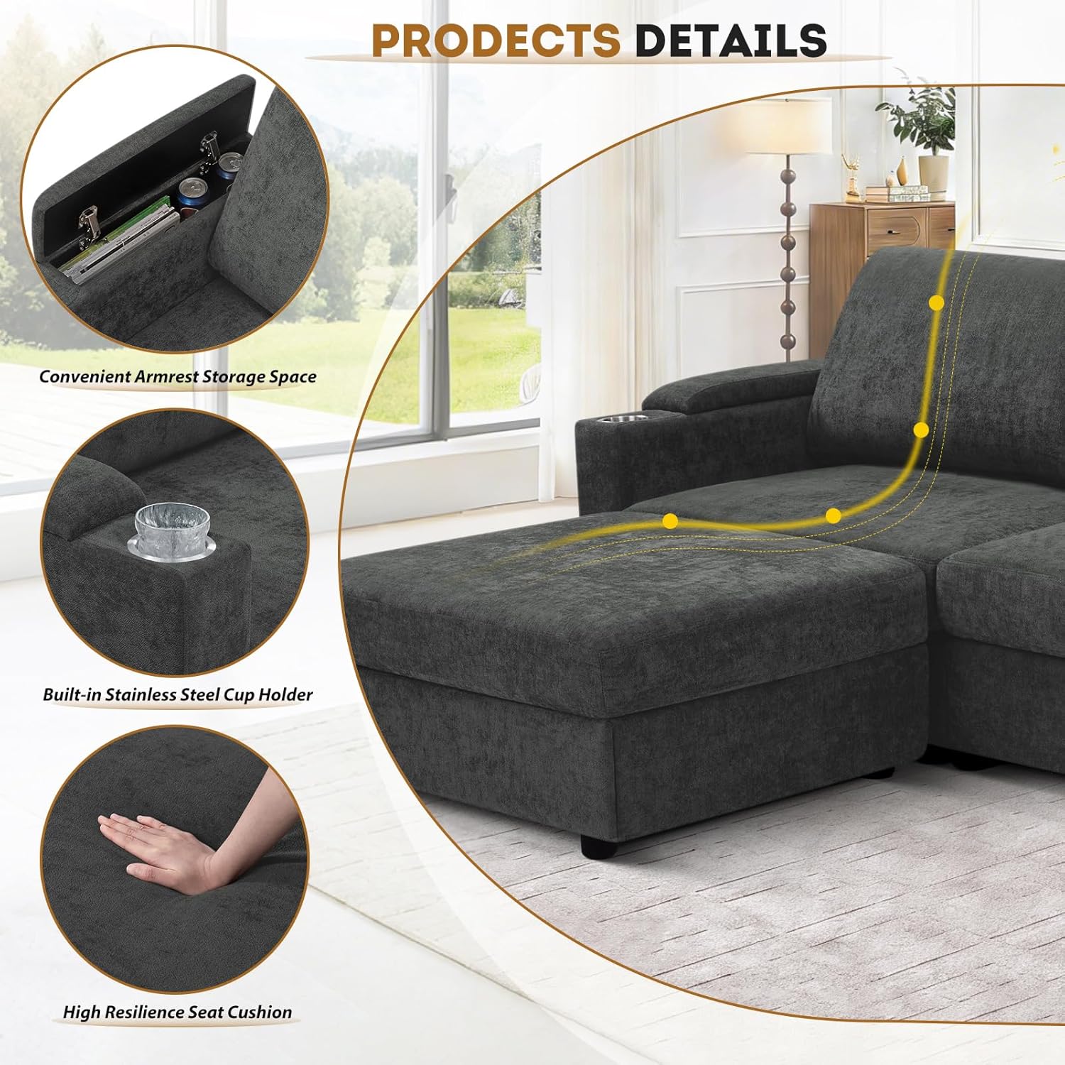 108'' Chenille Sectional Couch with Storage Armrests,U Shaped Upholstered Sofa with 2 Movable Ottomans, 5-Seat Modular Couch with Cup Holders for Living Room, Grey