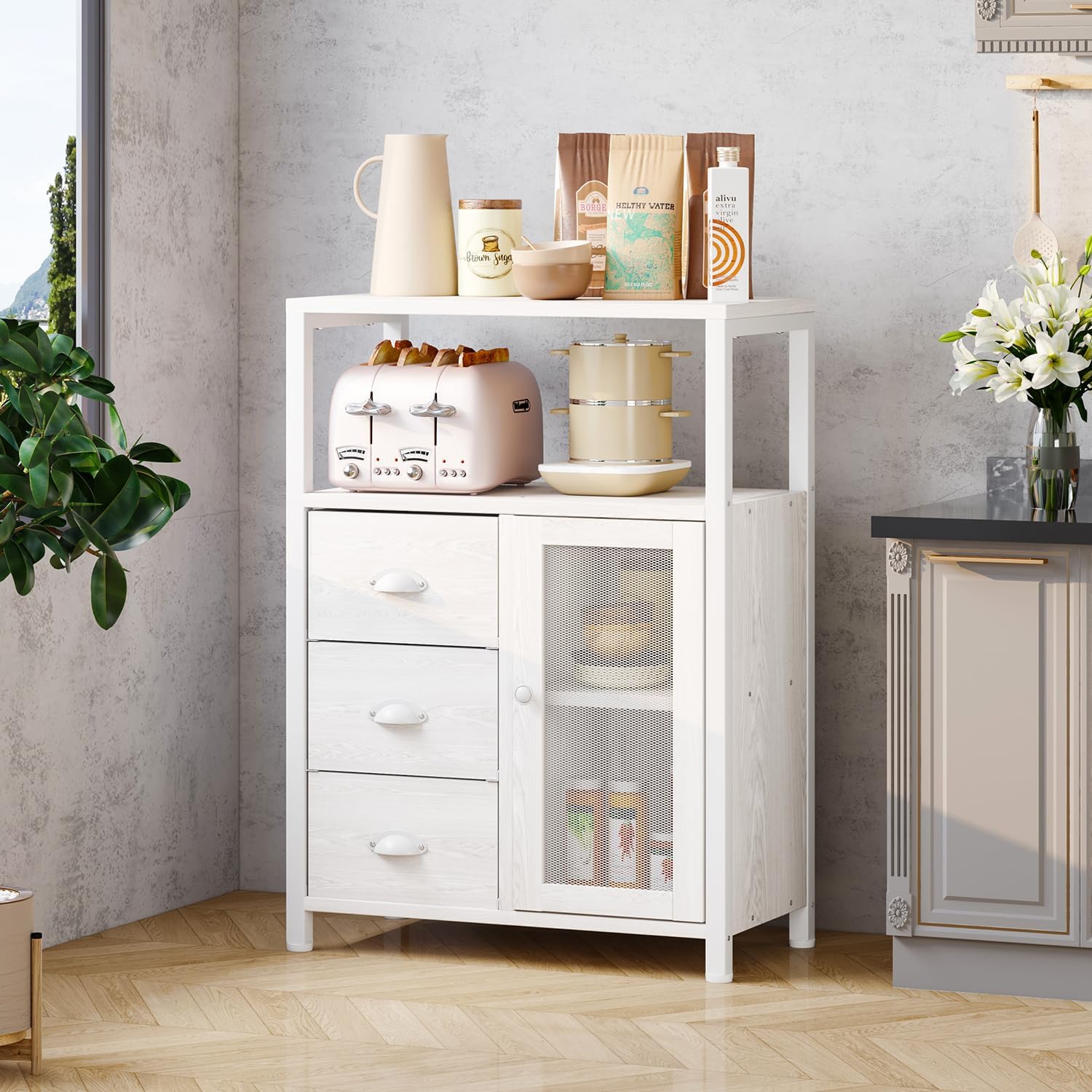 Homeiju Bathroom Floor Storage Cabinet Organizer with 3 Removable Drawers and 1 Door, Industrial Floor Storage Cabinet for Kitchen, Living Room, Bathroom, Home Office