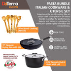 DaTerra Cucina Nonstick Large Pasta Bundle – Induction Compatible Ceramic Coated Non Stick Frying Pan & Dutch Oven Set w/Olive Wood Utensils - Ideal for Frying, Sautéing & Roasting - Made in Italy