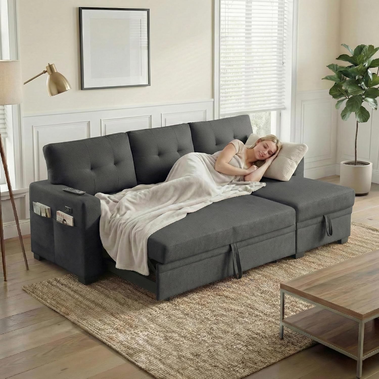 Convertible Sleeper Sofa Bed with Pull Out Couch, L Shaped Couch with Chaise Storage, USB Charge & Side Pocket, Small Sectional Couches for Living Room, Apartment | Linen Fabric | 82" | Dark Grey