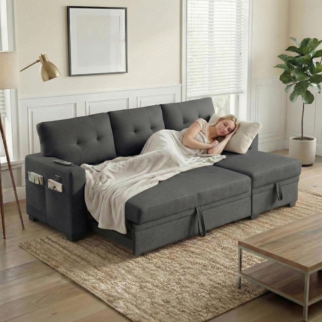 Convertible Sleeper Sofa Bed with Pull Out Couch, L Shaped Couch with Chaise Storage, USB Charge & Side Pocket, Small Sectional Couches for Living Room, Apartment | Linen Fabric | 82" | Dark Grey