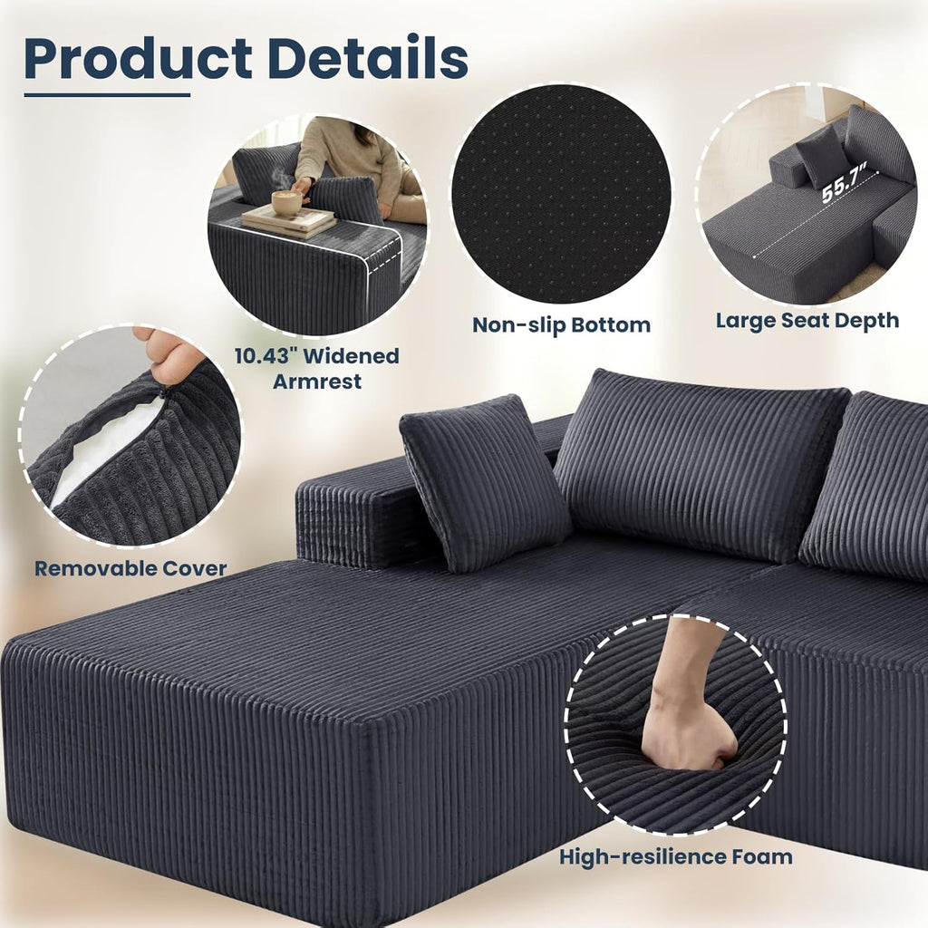 DUMOS 108" Boneless Couch, Cloud Sectional Couch with L-Shape Chaise, Modular Sectional Sofa with Deep Seat, Upholstered Couch for Living Room Bedroom, No Assembly Required (Grey, Left Facing Chaise)