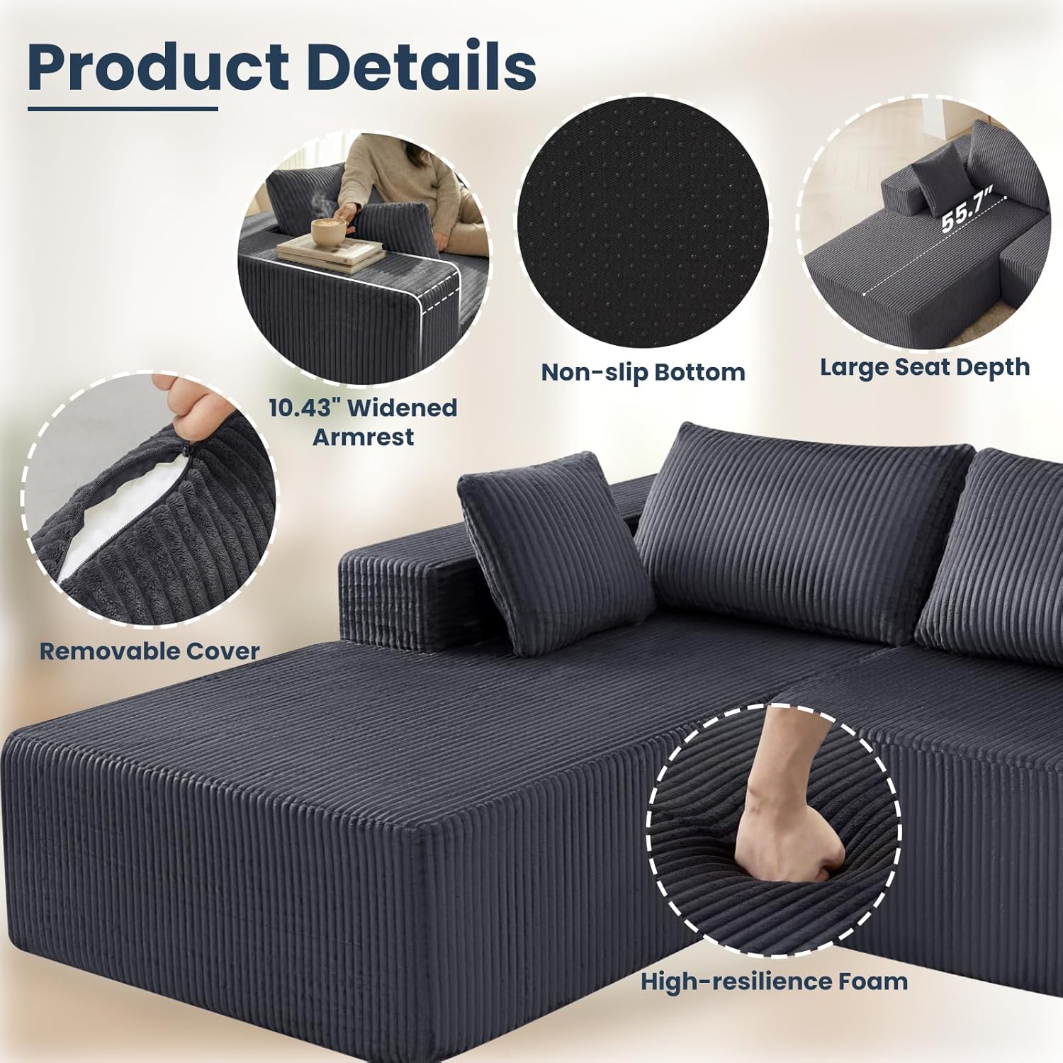 DUMOS 108" Boneless Couch, Cloud Sectional Couch with L-Shape Chaise, Modular Sectional Sofa with Deep Seat, Upholstered Couch for Living Room Bedroom, No Assembly Required (Grey, Left Facing Chaise)
