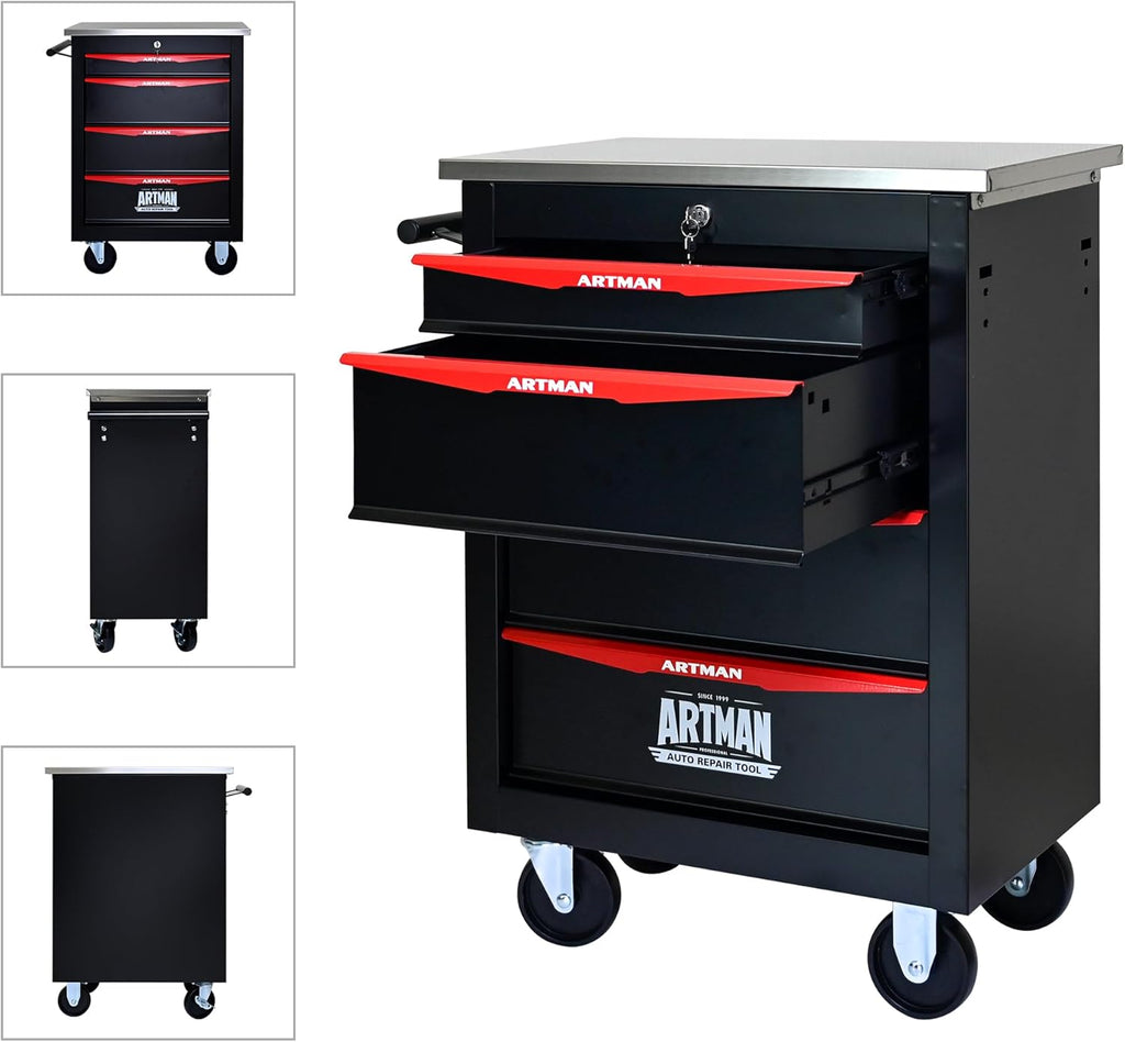 4-Drawer Rolling Tool Chest, Black & Red Modular Tool Box with Wheels, Heavy-Duty Rolling Tool Cabinet for Garage & Workshop Storage