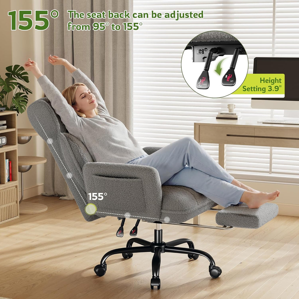 Big and Tall Office Chair with Adjustable Arms and Back, Ergonomic Office Chair with Footrest and Comfortable Fabric for Home Office, Bedroom,Grey