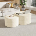 Round Nesting Coffee Table Set of 2,Upholstered Foam Ottoman Footrest Side Table Set,Modern Flannel Circle Coffee Table No Assembly for Living Room Entryway Bedroom,Beige