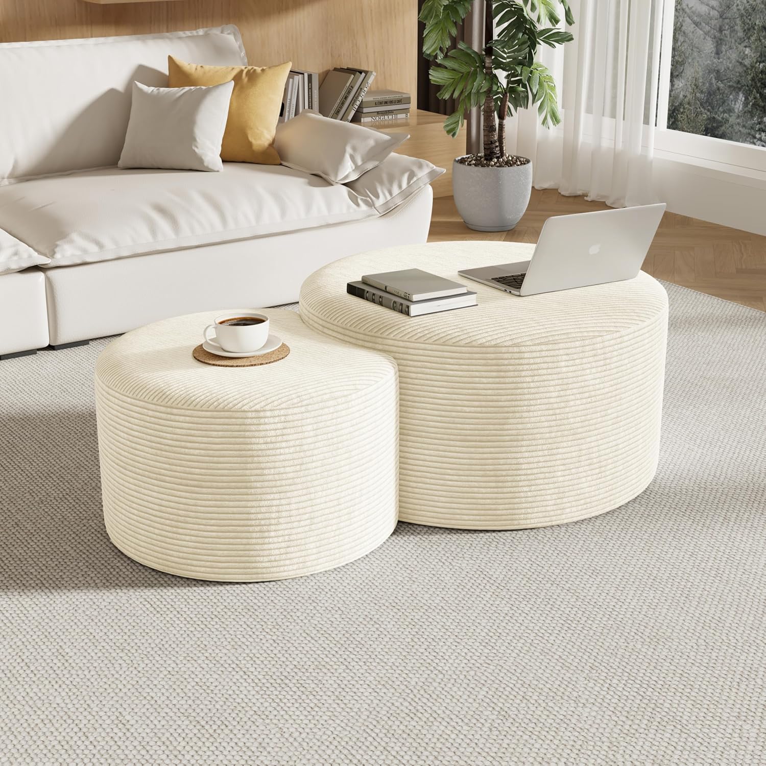 Round Nesting Coffee Table Set of 2,Upholstered Foam Ottoman Footrest Side Table Set,Modern Flannel Circle Coffee Table No Assembly for Living Room Entryway Bedroom,Beige