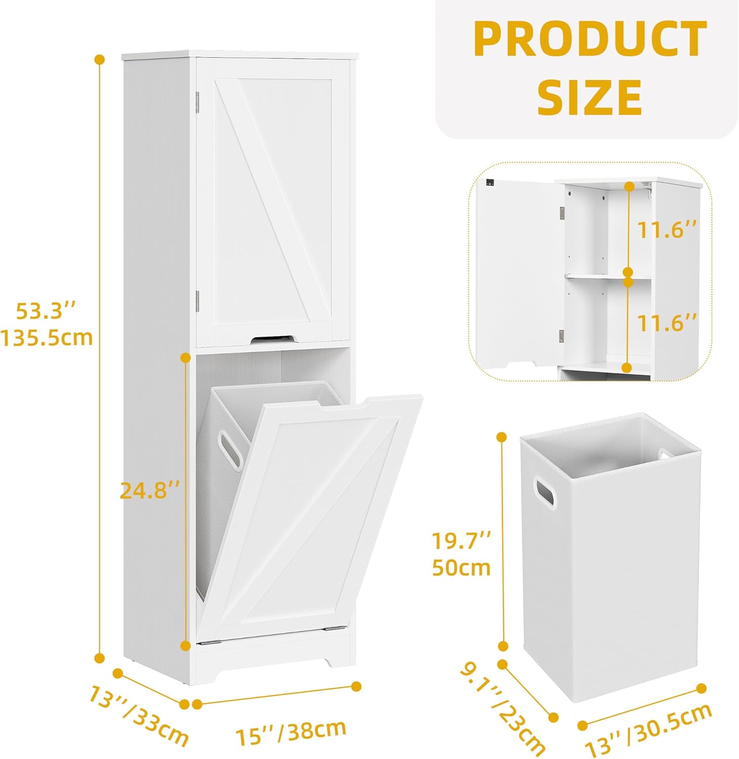 DWVO Tilt Out Laundry Hamper - 53" Tall Bathroom Storage Cabinet Laundry Cabinet with Adjustable Shelves and Clothes Basket, Hamper Cabinet Shelf for Laundry Room Bathroom Organizer, White