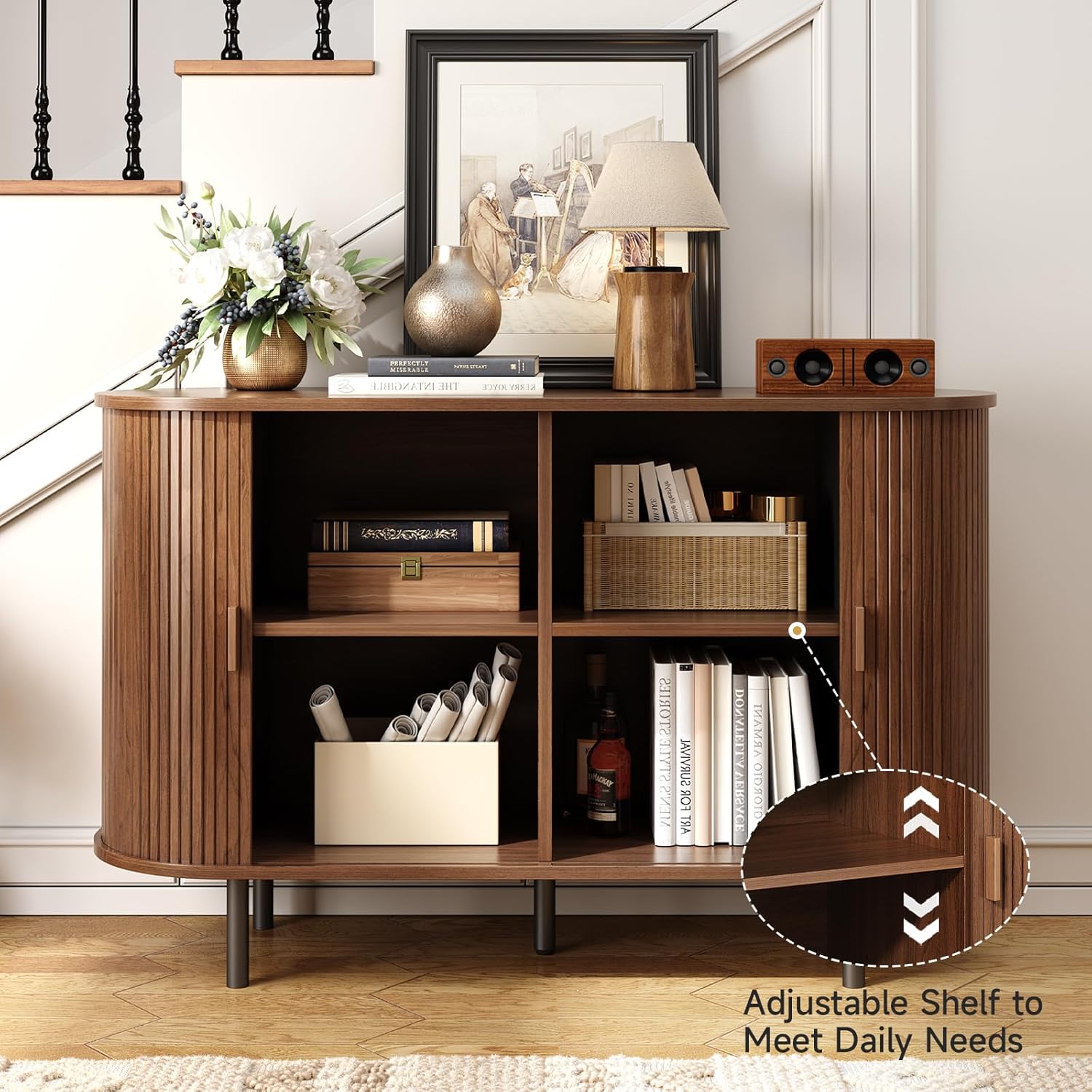 ONBRILL 48" Sideboard Buffet Cabinet with Storage, Storage Cabinet with Sliding Door & Adjustable Shelf, Modern Accent Coffee Bar Console Table for Kitchen, Entryway, Walnut