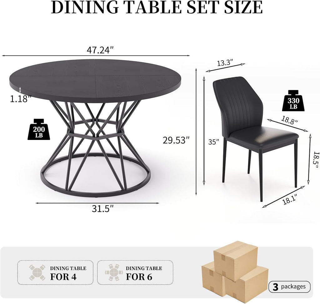 47.24" Round Dining Table Set for 6, 7 Piece Dining Room Table Set, Circle Kitchen Table and Chairs for Dining Room, Living Room, Kitchen, Apartment(Black Table + 6 Black Faux Leather Chairs)