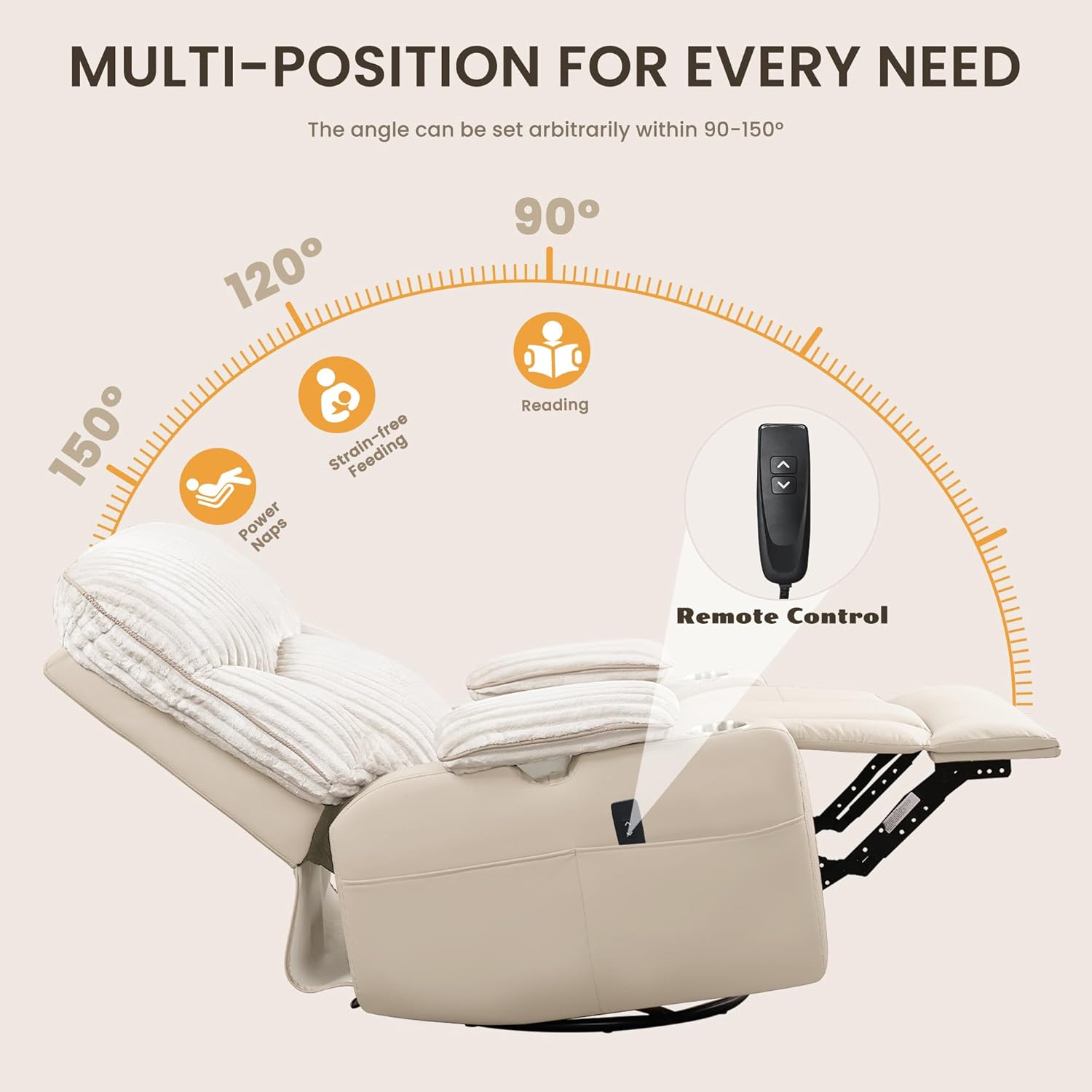 GRAINELL Rocking Chair Nursery, Electric Swivel Recliner Glider with Adjustable Armrests, Nursing Chair with USB Charger, Cup & Blanket Holders, Beige Corduroy & PU Leather