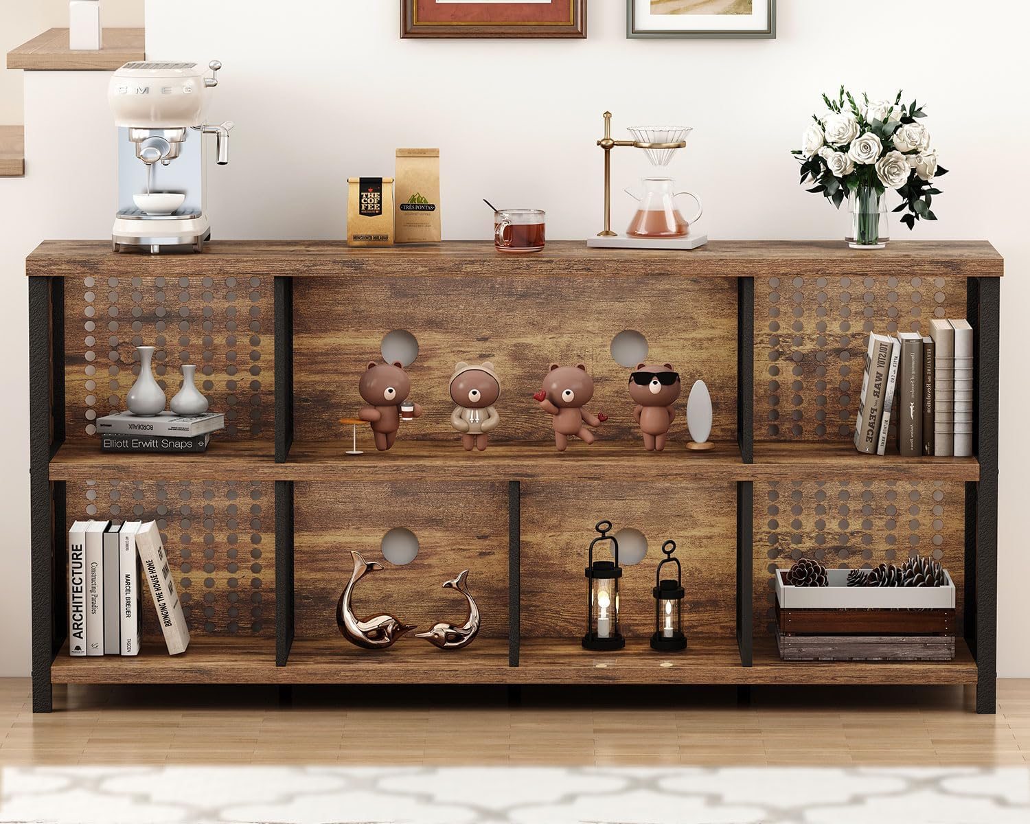 LVB Rustic Horizontal Bookshelf, Industrial Bookcase Cube Storage Organizer, Wide Large Metal Wooden Office Cube Shelf, Farmhouse Low Long Book Shelf for Home Bedroom Living Room, Rustic Brown, 63 in