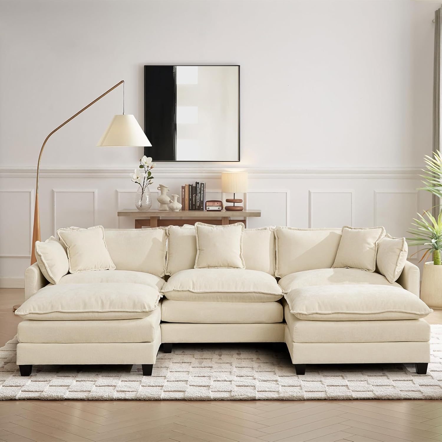 111.5” Modular Sectional Sofa L-Shaped Convertible Couches, 3 Seater Chenille Deep Seat Sleeper Cloud Couch with Pillows and 2 Ottomans for Living Room, Apartment, Office(Beige)