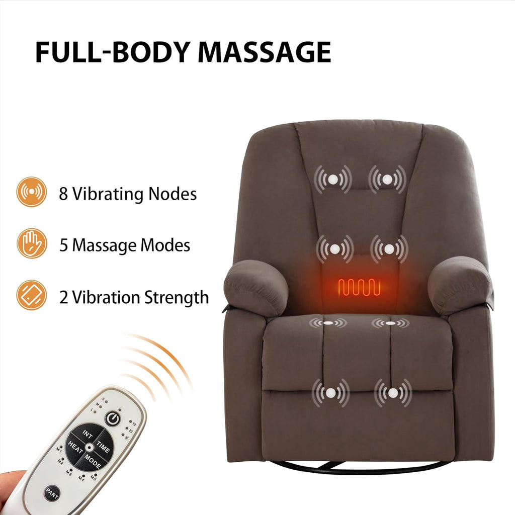Power Swivel Rocker Recliner with Massage and Heat, USB and Type-C Port, Infinite Position, Electric Glider Rocking Chairs Living Room, Soft Fabric Reclining Sofa Chair (Velvet Brown)