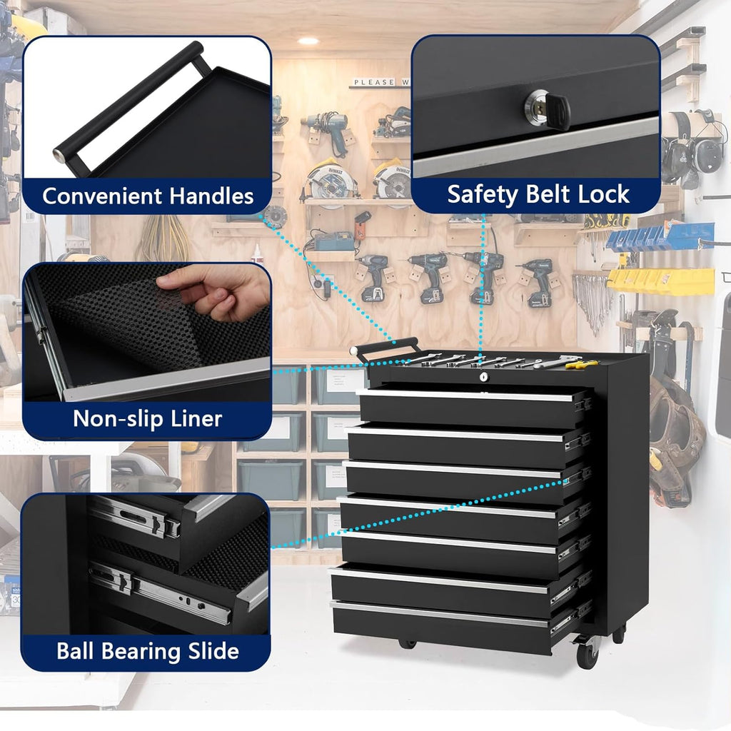 24-inch 7-Drawer Rolling Tool Chest with Lock System, Portable Tool Box with Wheels, Secure Storage Cabinet for Warehouse, Workshop, and Repair Shop, Black