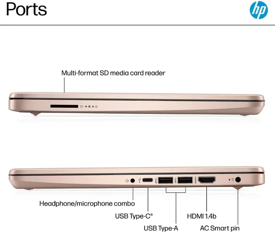 HP 14" Business Laptop Computer with Microsoft Office 365  4-Core Intel Processor  128GB UFS + 1TB Cloud Storage  8GB RAM  Windows 11  SageNova Earphones  Pale Rose Gold