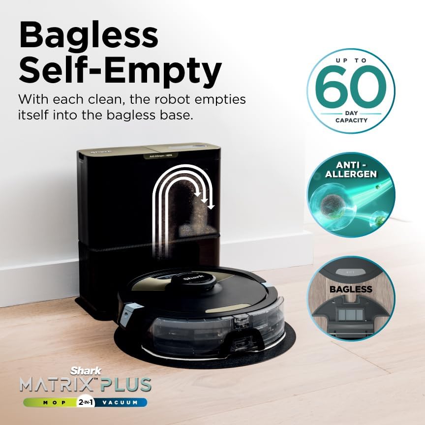 Shark Robot Vacuum & Mop Combo, Powerful Suction, Matrix Plus, 60-Day Debris Capacity, HEPA Bagless Self Empty Base, Sonic Mopping, Home Mapping for Pet Hair - Carpets & Hardfloor, AV2610WA