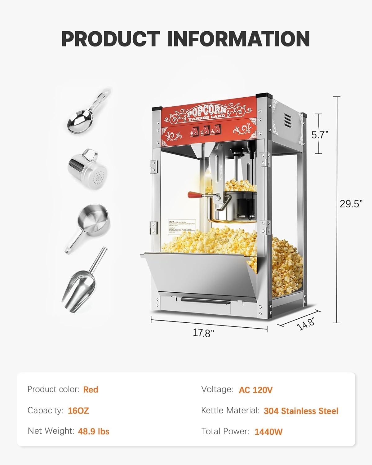 16 Oz Commercial Popcorn Machine, 1440 W, Movie Theater Popcorn Machine, Red Tabletop Pop Corn Machine with 3-Switch Control & Steel Frame Tempered Glass Doors