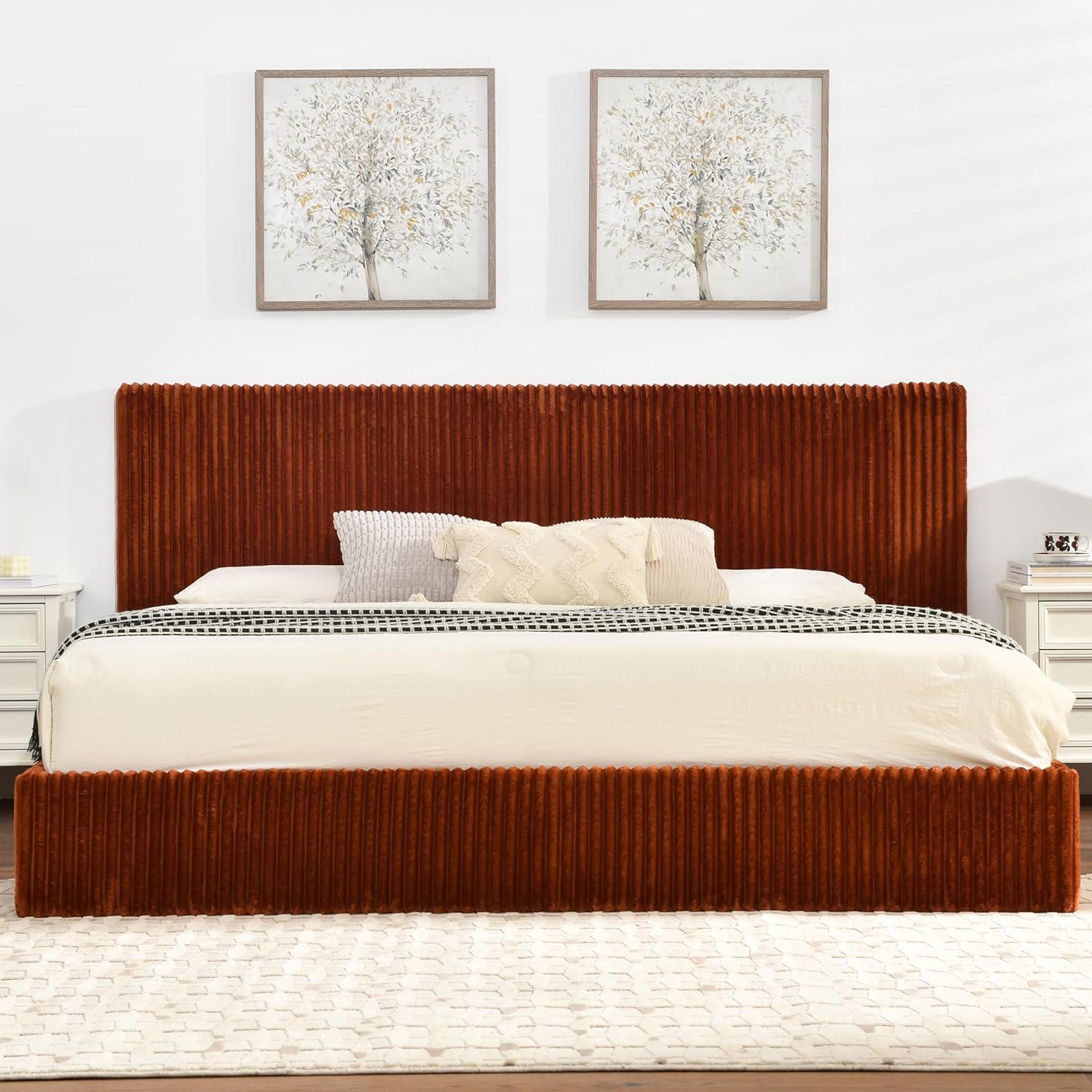 YUHUASHI King Size Storage Bed Frame, Vertical Striped headboard with Delicate Velvet Fabric, Hydraulic Lift for Storage, no Box Spring Needed, no Noise (OCHER, King (U.S. Standard))