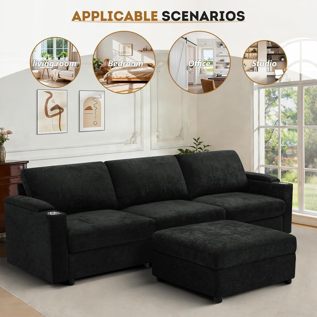 108'' Chenille Sectional Couch with Storage Armrests,L Shaped Upholstered Sofa with Movable Ottoman, 4-Seat Modular Couch with Cup Holders for Living Room, Black
