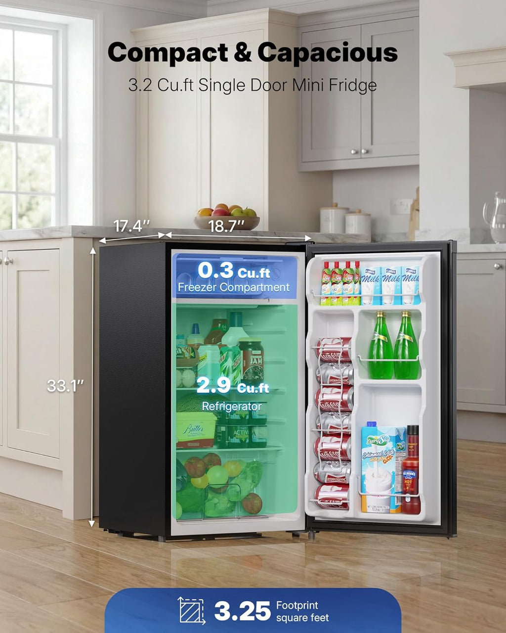 Upstreman 3.2 Cu.Ft Mini Fridge with Freezer, Single Door Compact Refrigerator, Adjustable Thermostat, Small Refrigerator for Dorm, Bedroom, Office, Black-BR321