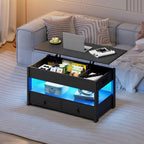 WLIVE Coffee Table, Lift Top Coffee Table with Drawers, LED Light, Large Storage and Open Shelf, Lift Tabletop for Living Room, Deep Black