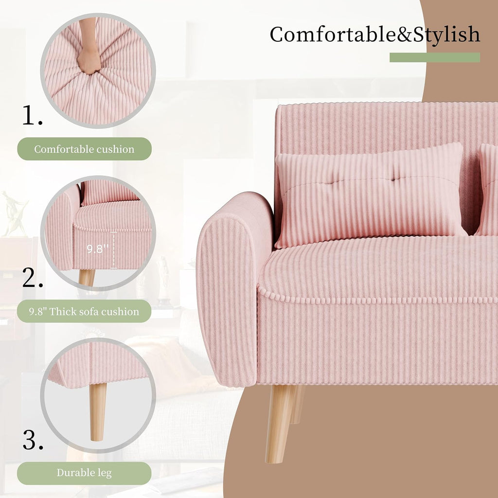 Vongrasig 47" Small Modern Loveseat Sofa, Mid Century Soft Corduroy Fabric 2-Seat Sofa Couch Tufted Love Seat with Back Cushions and Tapered Legs for Living Room, Bedroom and Small Space (Pink)