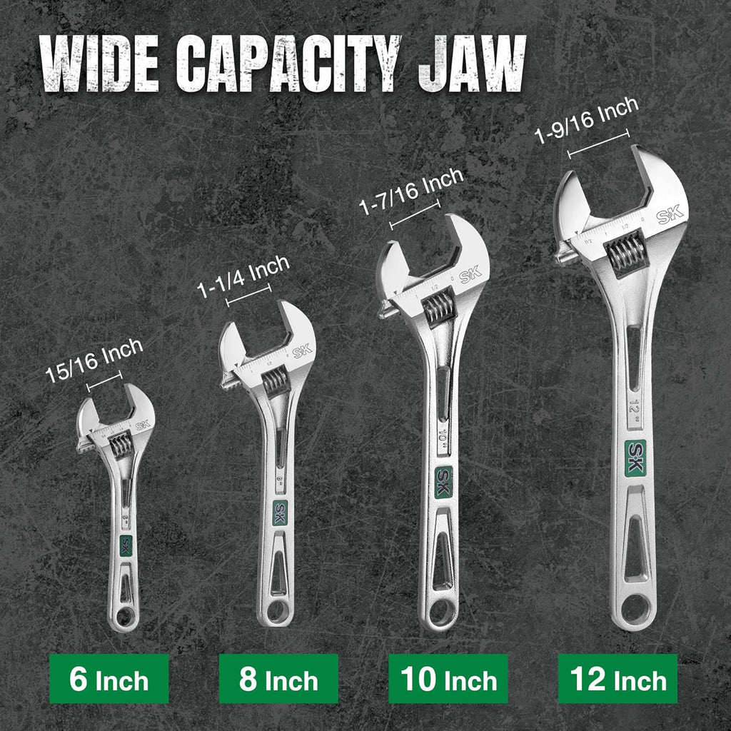 SK 3-Piece Adjustable Wrench Set, 6-Inch, 8-Inch, 10-Inch, Cr-V Steel, SAE & Metric Scales