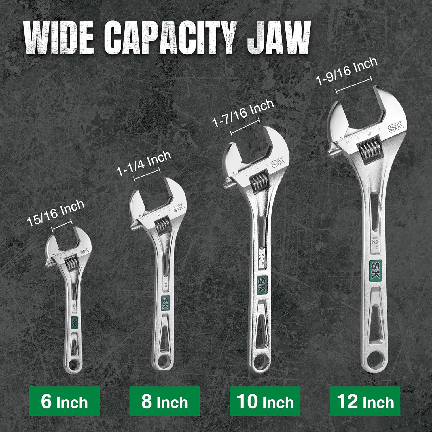 SK 3-Piece Adjustable Wrench Set, 6-Inch, 8-Inch, 10-Inch, Cr-V Steel, SAE & Metric Scales