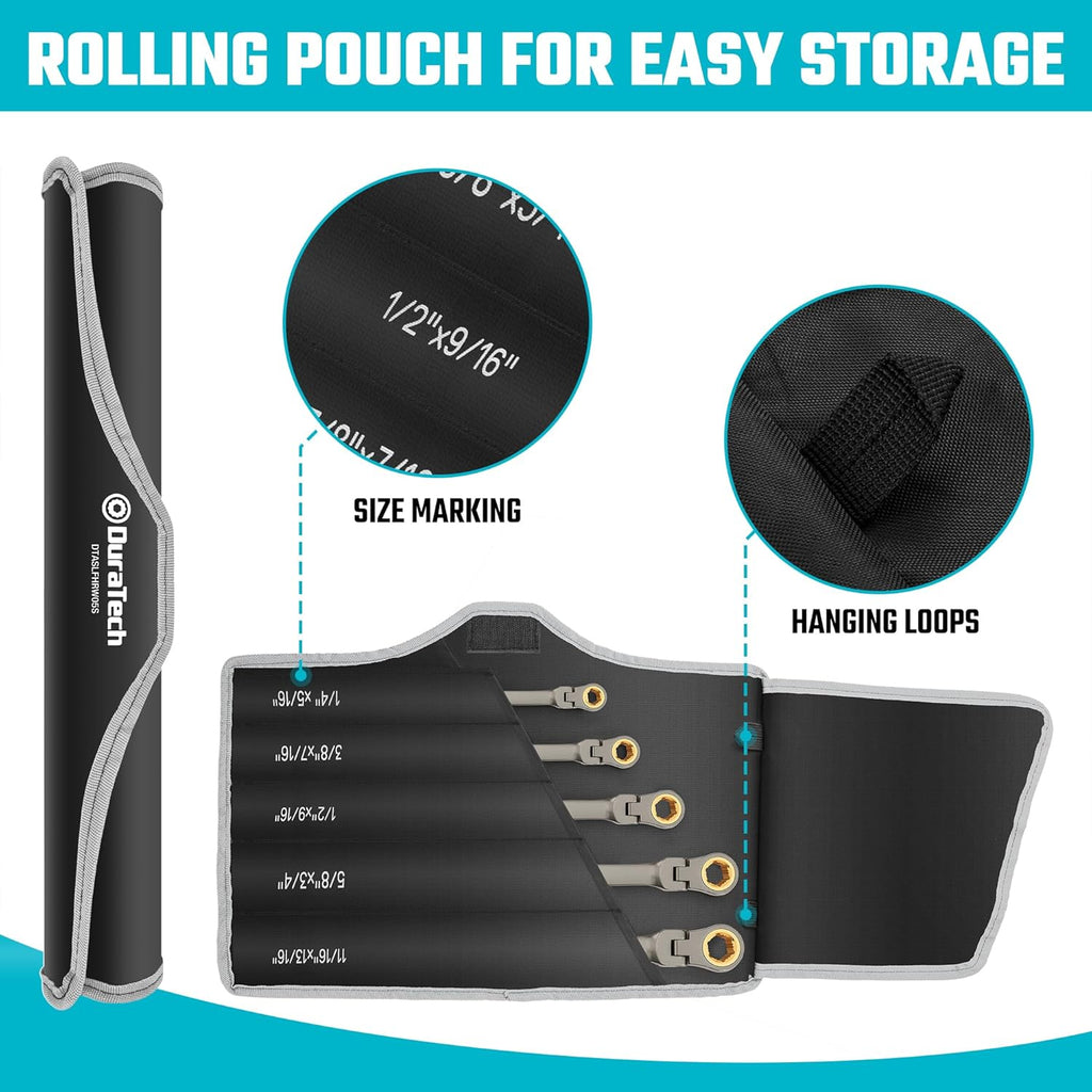 DURATECH Extra Long Anti-Slip Ratcheting Wrench Set, Double Box End Wrench Set, 5-Piece, SAE, 1/4 "-13/16 ", 72-Teeth, CR-V Steel, Grey Nickel Plating with Rolling Pouch