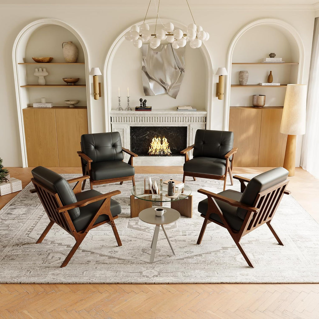 STHOUYN Black Leather Office Accent Chair Set of 2 with Wooden Arms, Comfy Guest Waiting Room Chairs, Mid Century Modern Chair, Side Arm Chairs for Living Room (Black, 2pcs)