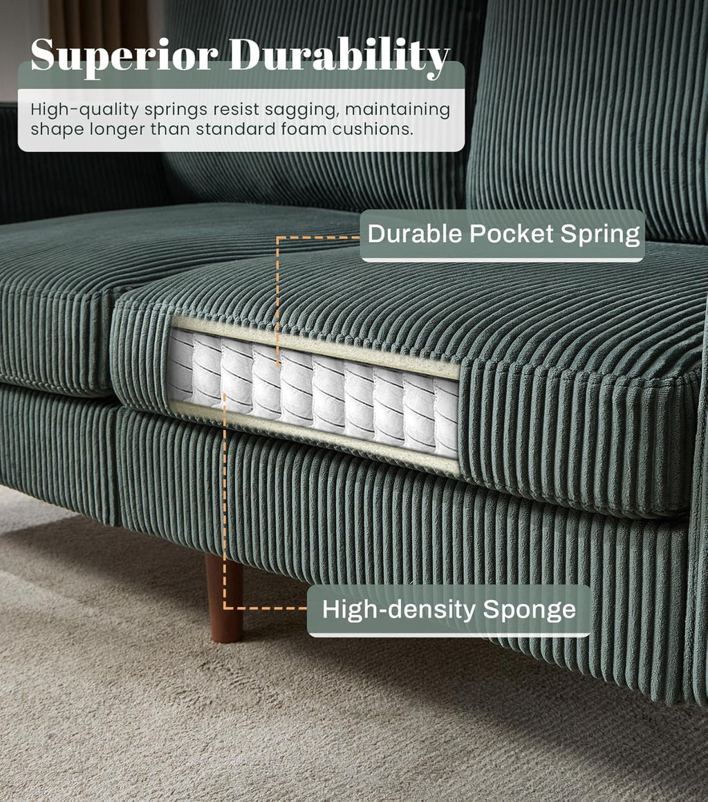 Kingfun 65" Corduroy Loveseat Sofa, Upholstered Sofa with Spring, Modern Sleek Couch for Living Room & Bedroom for Small Spaces, Green
