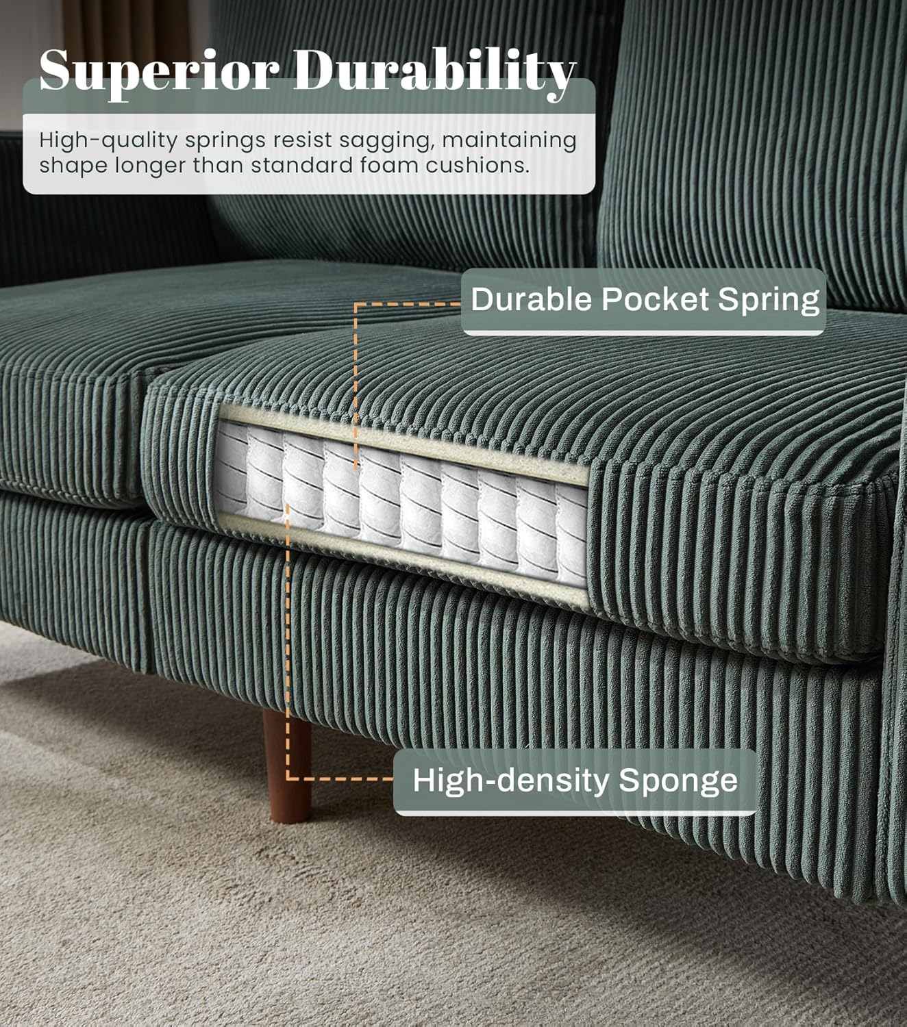 Kingfun 65" Corduroy Loveseat Sofa, Upholstered Sofa with Spring, Modern Sleek Couch for Living Room & Bedroom for Small Spaces, Green