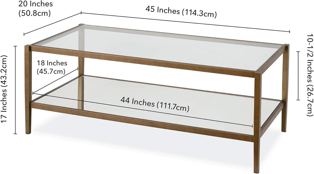 Henn&Hart 45" Wide Rectangular Coffee Table with Mirror Shelf in Brass, Coffee Table coffee tables for living room, studio apartment essentials