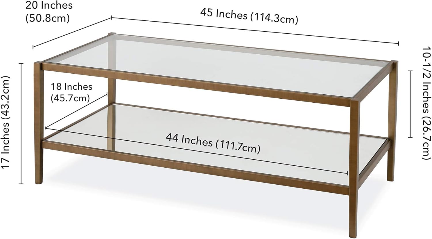 Henn&Hart 45" Wide Rectangular Coffee Table with Mirror Shelf in Brass, Coffee Table coffee tables for living room, studio apartment essentials