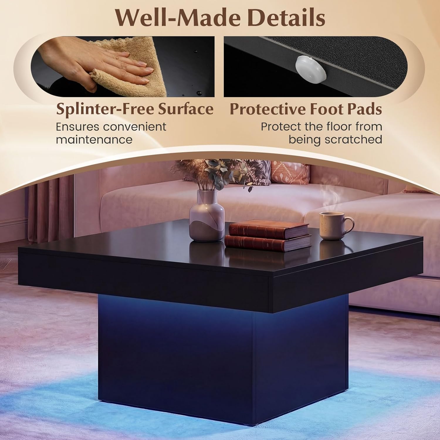Giantex LED Coffee Table, Square Center Table with Remote, 21 Dynamic Modes, 20 Static Colors, Adjustable Brightness & Speed, Wood Low Cocktail Accent Table, Modern Living Room Table (Black)