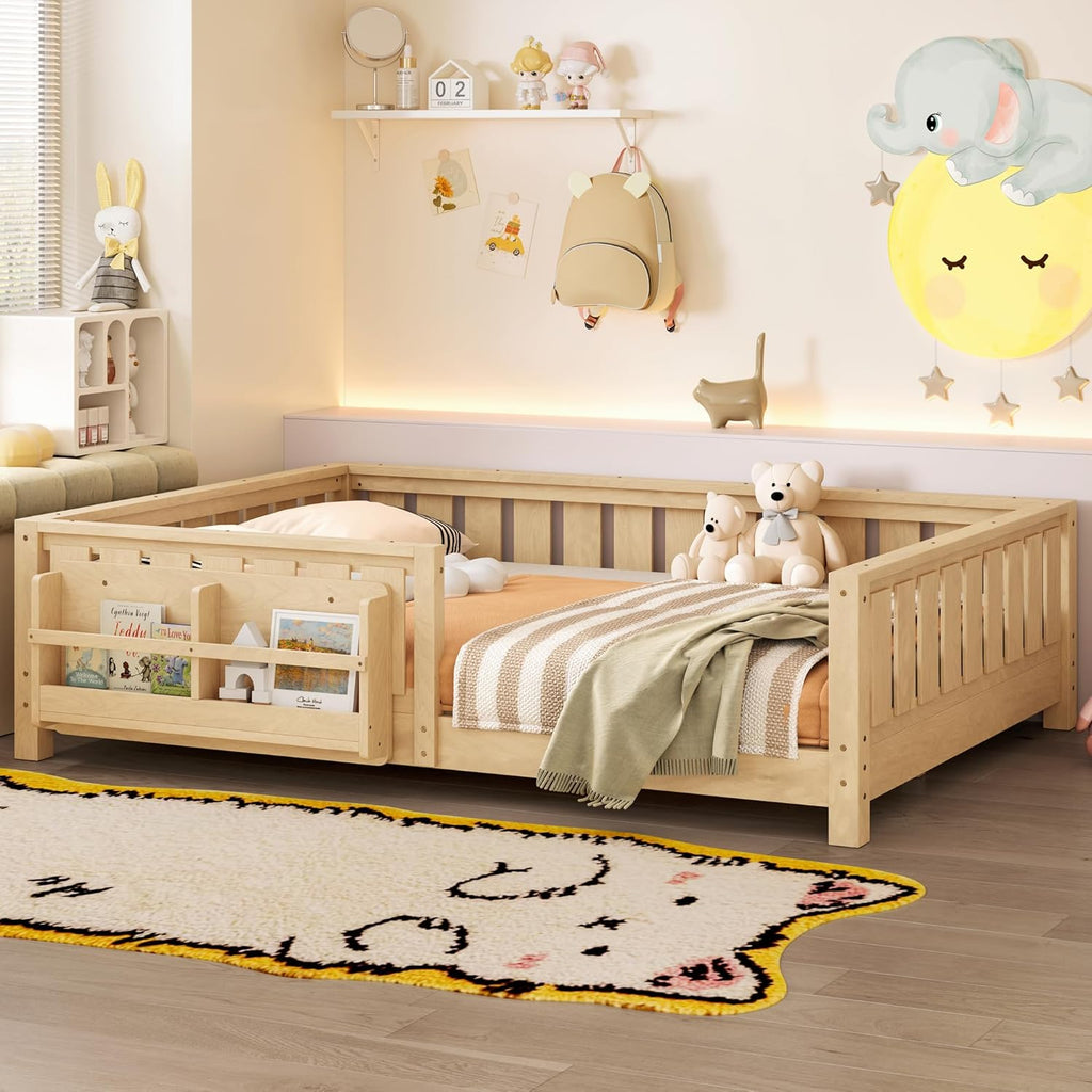 Bellemave Light Natural Montessori Floor Bed with Fence and Slats, Full Size Montessori Floor Bed with Bookcase and High Rails, Easy Assemble Bed Frame for Girls, Boys, Full
