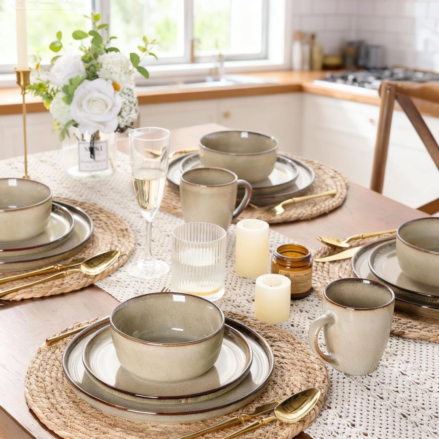 GBHOME Dinnerware Sets for 6, 18 Pieces Stoneware Plates and Bowls Sets, Scratch Resistant Dishes, Dishwasher & Microwave Safe, Reactive Glaze