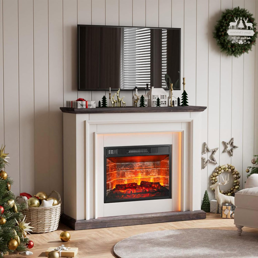 44 Inches LED Lights Electric Fireplace with Mantel, Tall Fireplace Heater Freestanding, Delicate Three-Dimensional molding with Remote Control Timer LED Flame for Living Room, Bedroom, White&Brown