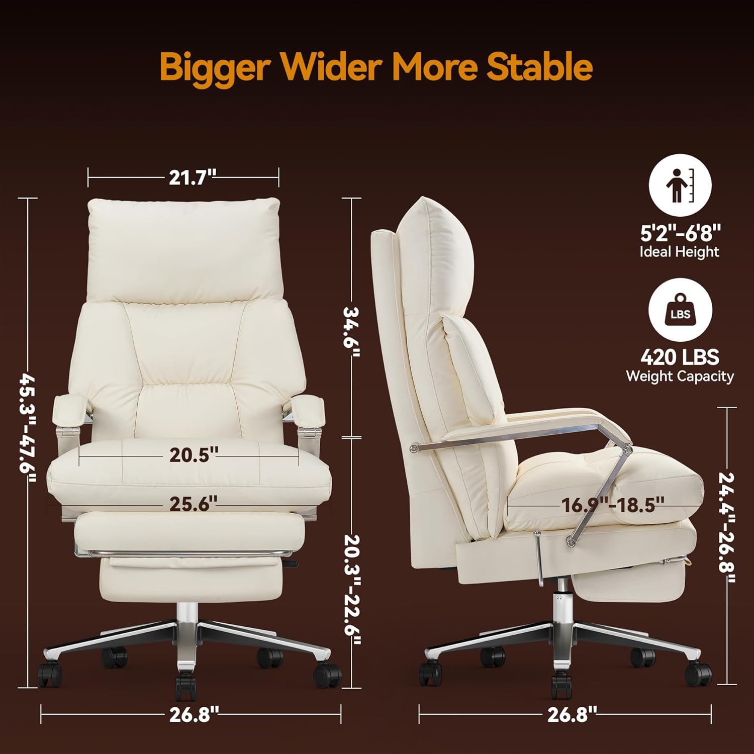 M76 160° Reclining Office Chair with Footrest, 10" Thick Cloud Cushion Executive Desk Chair, Extra Wide Cross-Legged Ergonomic Chair for Big and Tall, Adjustable Seat Depth, Easy Assembly, Cream