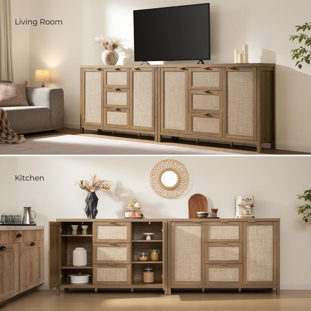 SICOTAS 52" Larger Sideboard Buffet Coffee Bar Cabinet with Storage - Farmhouse Rattan Credenza Storage Cabinet with 3 Drawers and 2 Doors, Boho Console Table for Living Room, Kitchen, Light Oak
