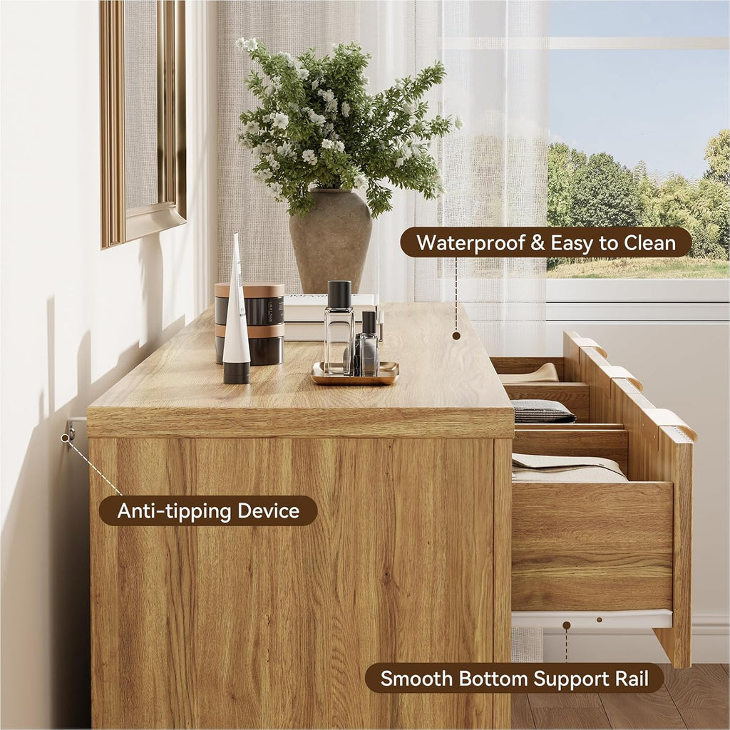 Fluted Dresser for Bedroom, 7 Drawer Dresser with Gold Handle, 54" Wide Chest of Drawers, Modern Wood Dressers Organizer for Bedroom, Liveroom, Entryway, Natural Oak