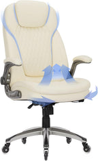 COLAMY Ergonomic High Back Office Chair, Ivory Bonded Leather Executive Desk Chair with Flip-up Arms, Thick Cushion, Silent Nylon Wheels, Adjustable Height & Rocking Function, 300lbs Capacity