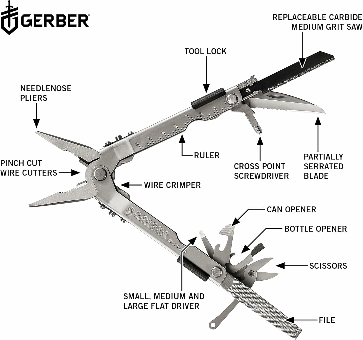 Gerber Gear MP600 Pro Scout Multi-Plier - Multitool with 15 Tools, Including Needlenose Pliers - Premium Multipurpose Tool - 07563N