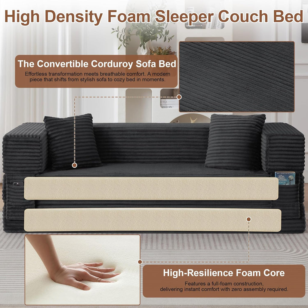 80 Inch Convertible Sofa Bed, Oversized Boneless Couch with High Arms, Deep Seat Corduroy Sleeper Sofa, Folding Floor Couch with Side Pockets, No Assembly Cloud Lounge for Living Room (Dark Grey)
