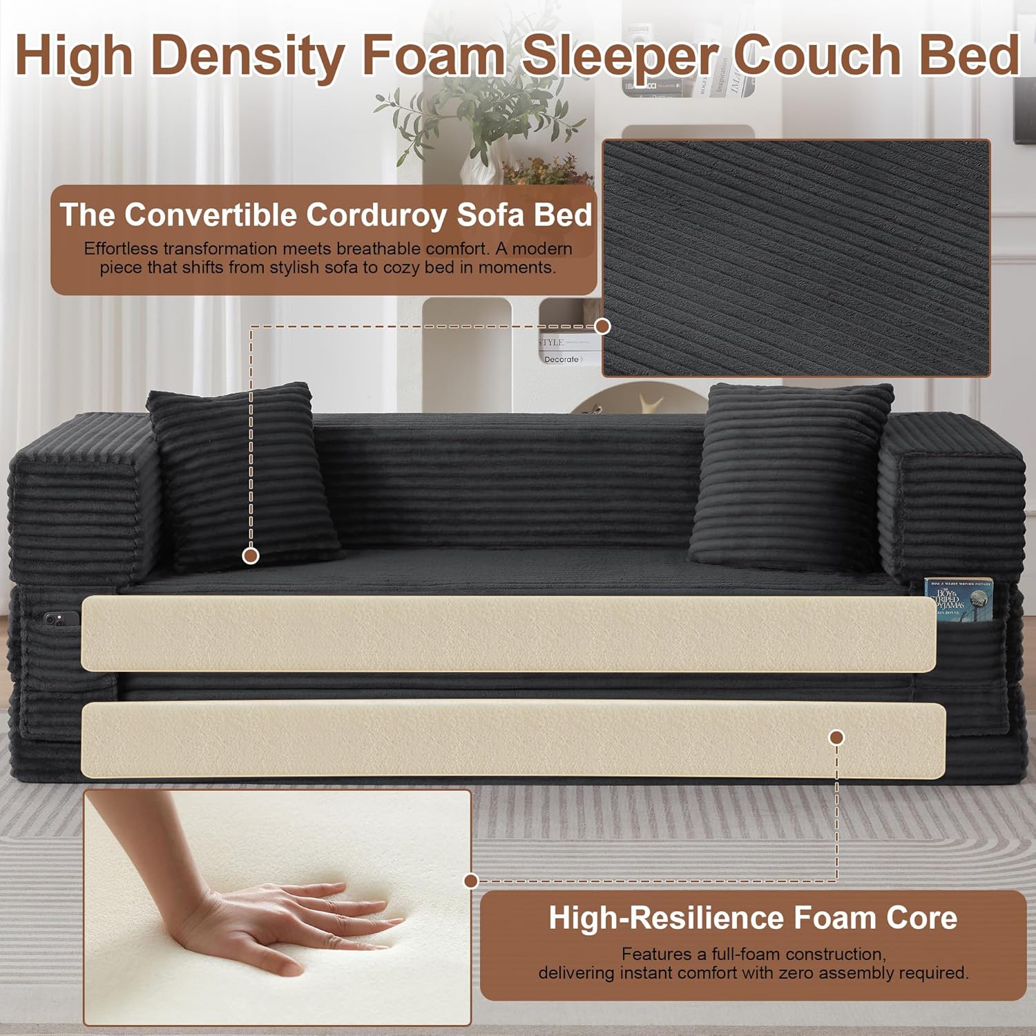 80 Inch Convertible Sofa Bed, Oversized Boneless Couch with High Arms, Deep Seat Corduroy Sleeper Sofa, Folding Floor Couch with Side Pockets, No Assembly Cloud Lounge for Living Room (Dark Grey)