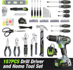 WORKPRO Home Tool Set with 20V Cordless Lithium-Ion Drill Driver, Household Repairing Tool Kit with Drill, 157PCS Power Drill Sets, 14-Inch Wide Mouth Storage Tool Bag, Green